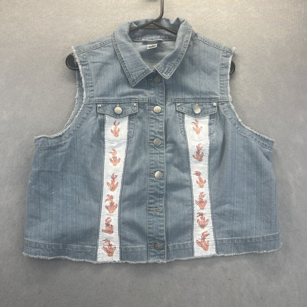 Womens 1X Denim Light Wash Jean Vest Hand painted Koi Fish OSO Casuals